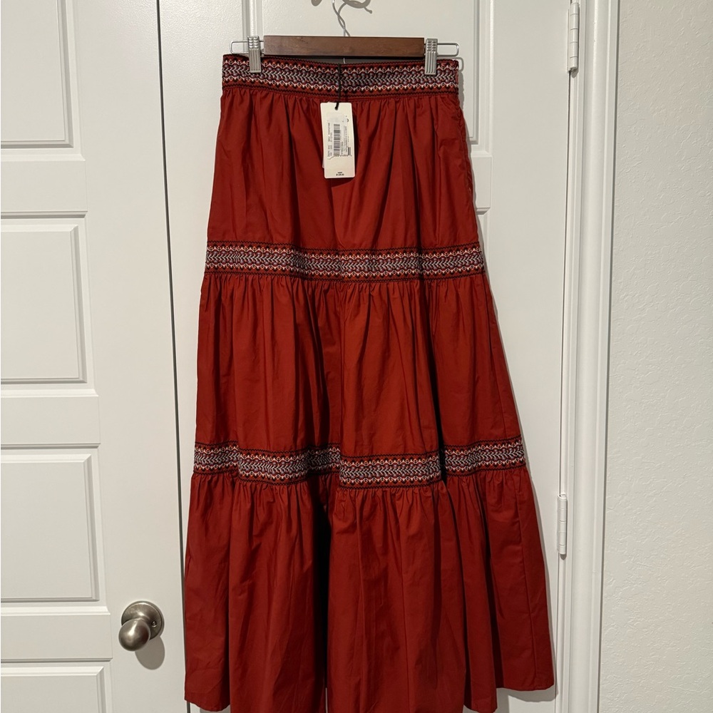 A Loves A Tiered Maxi Skirt in Rust Red
